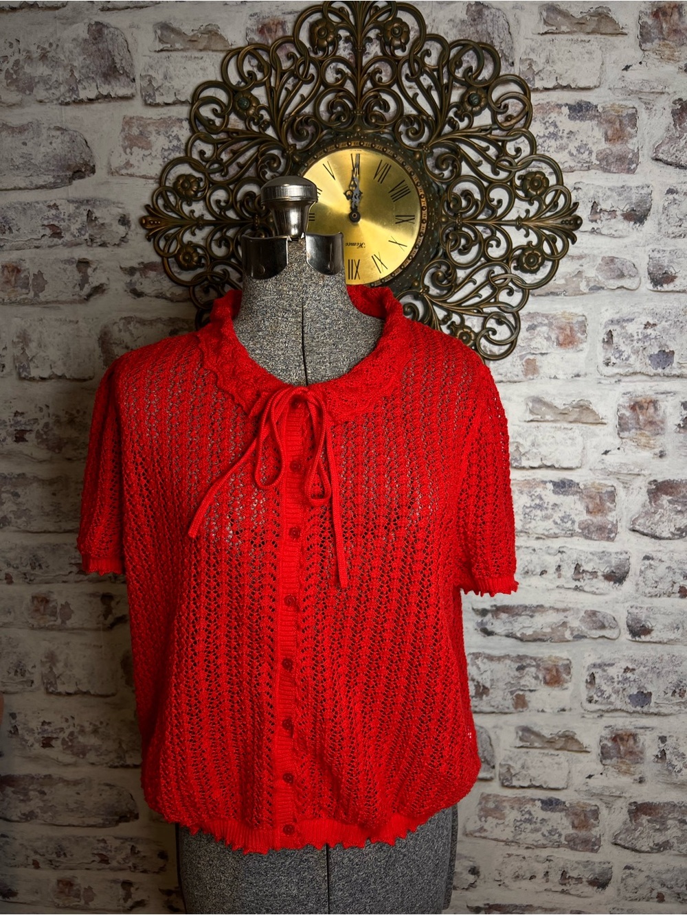Gap x Doen Red Knit Tie-Neck Short Sleeve Blouse - Women